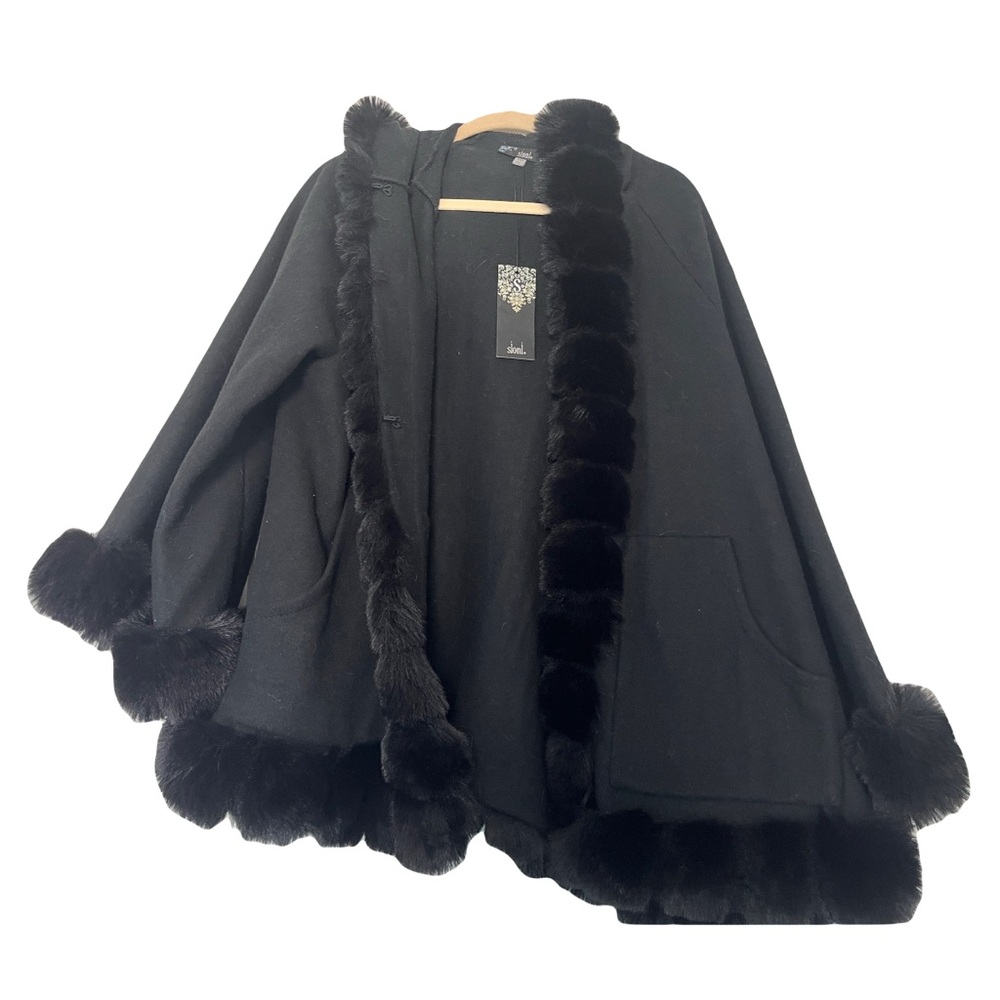 Sioni Black Fabric Hooded Wrap Cape Coat with Faux Fur Trim Sz M